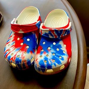 Red white and blue crocs